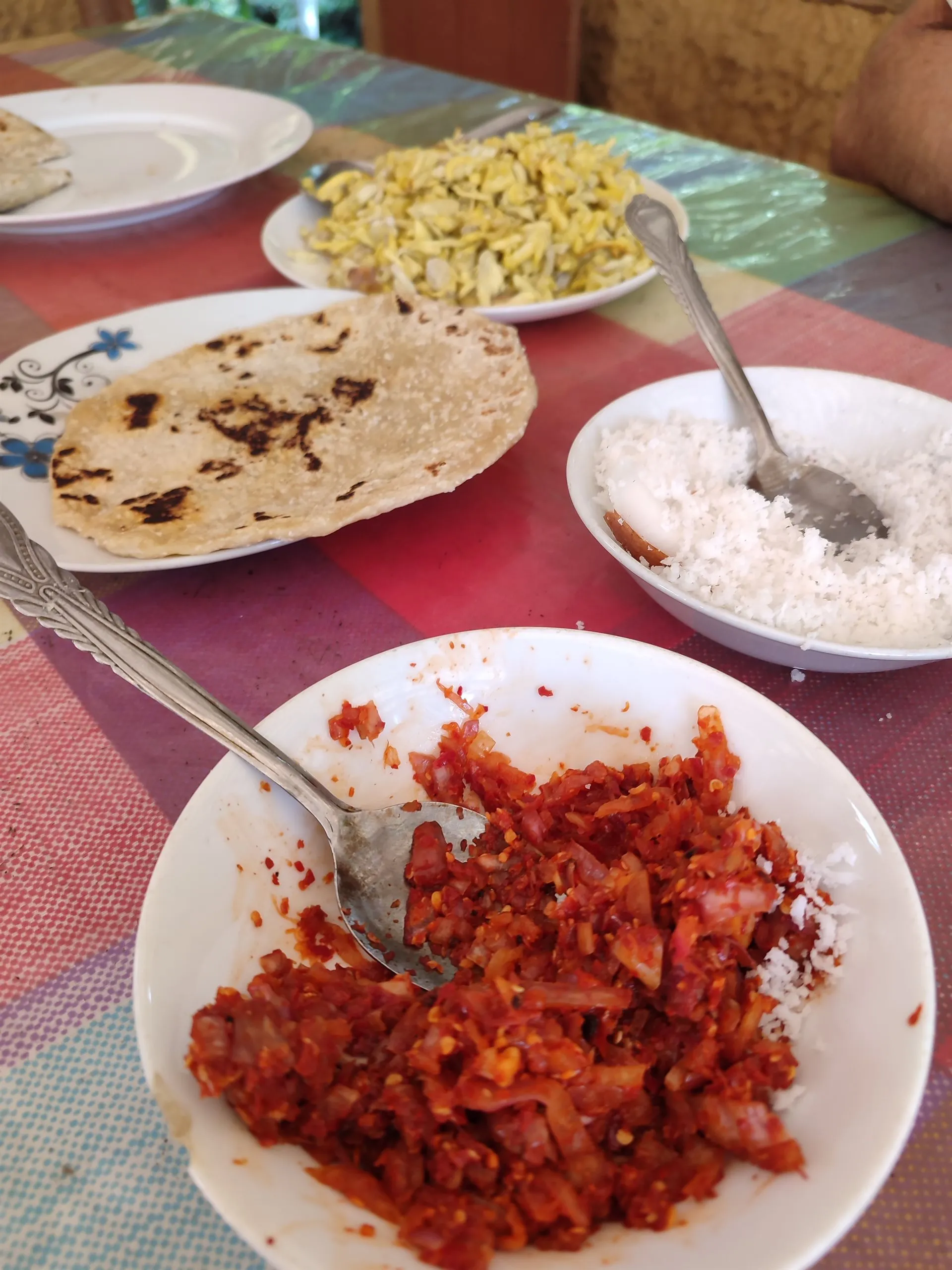 Roti with freshly grated coconut and onion sambol on a village table