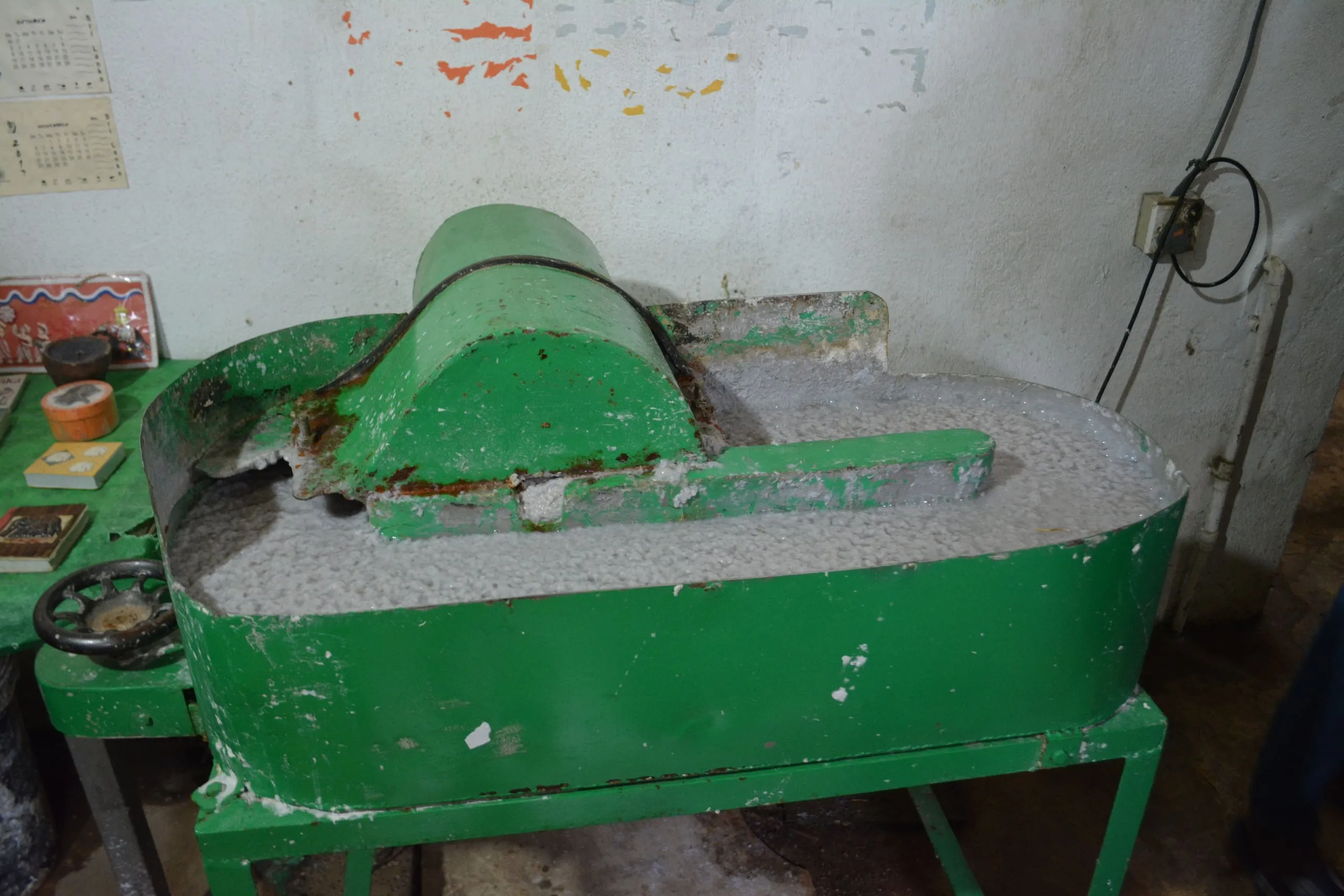 The pulp beater machine at an elephant-dung paper workshop