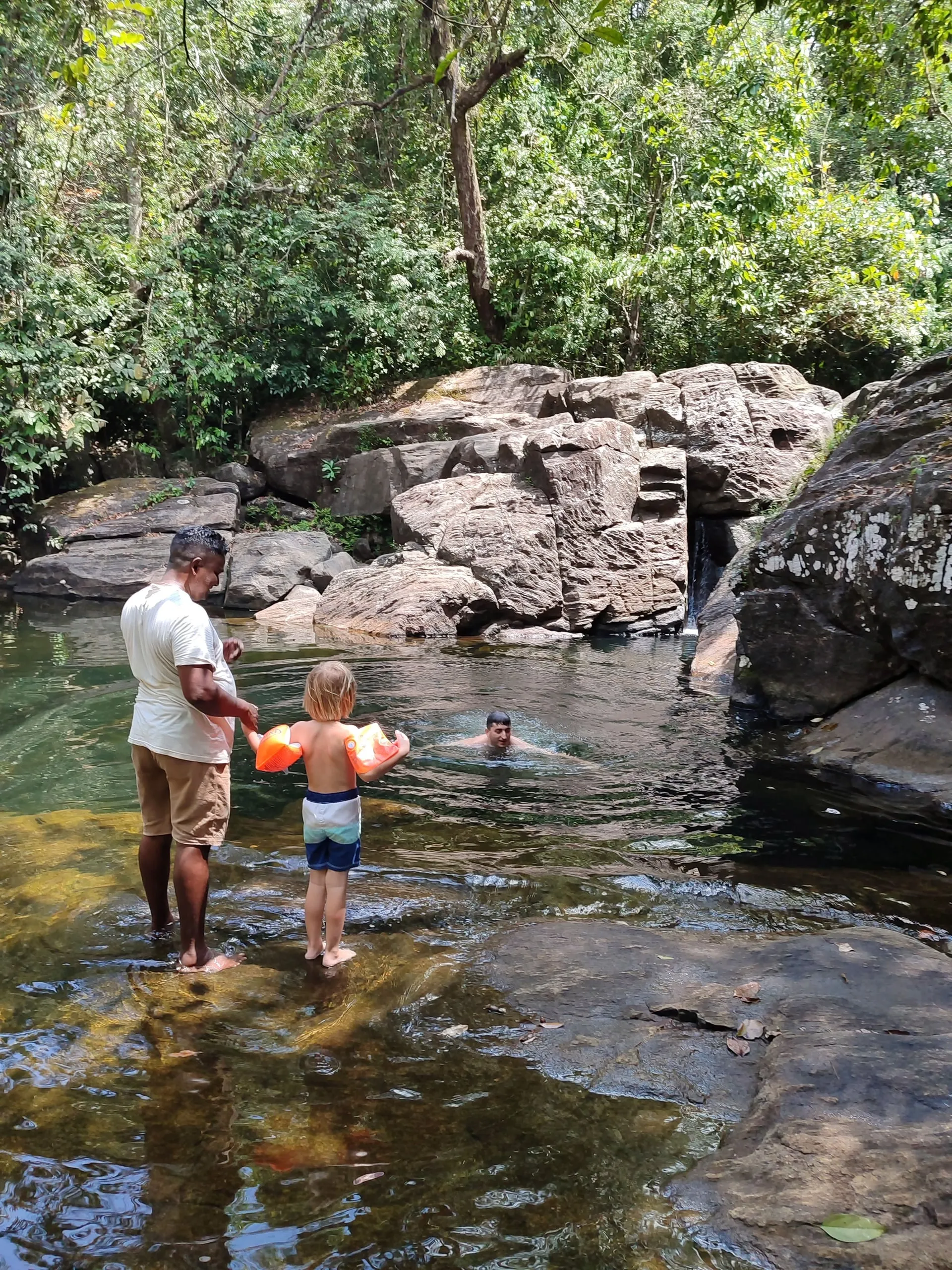 A guide holding a small boy's hand at the edge of a jungle pool while a man swims behind them