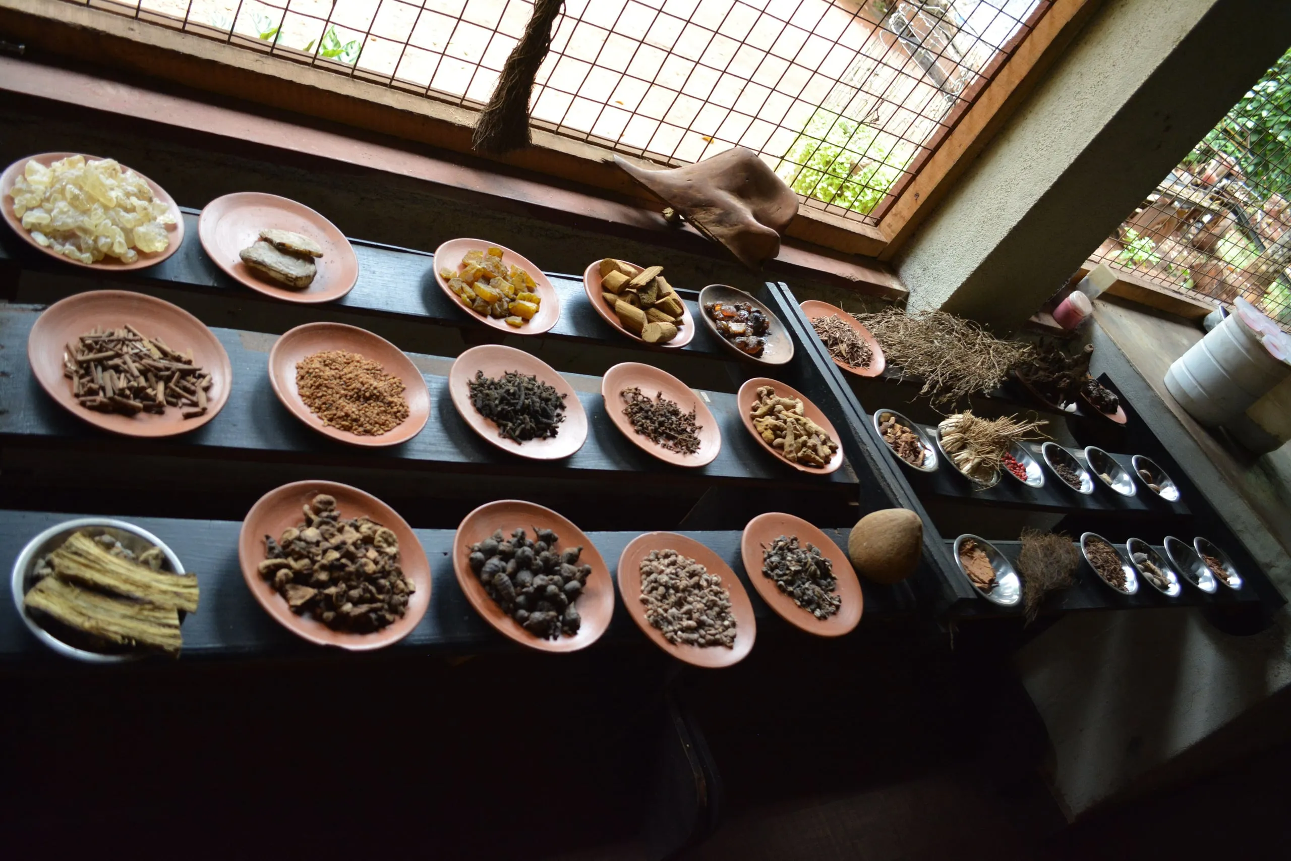 Dried spices laid out in clay dishes at a spice garden